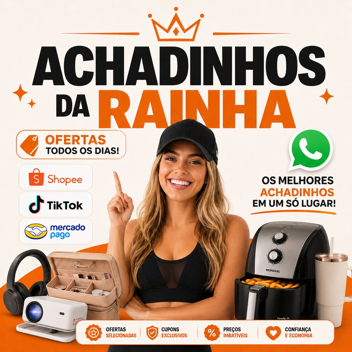 Achadinhos da Rainha: ofertas de air fryer, fone bluetooth, mini projetor, organizador e mais, disponíveis na Shopee, TikTok e Mercado Pago